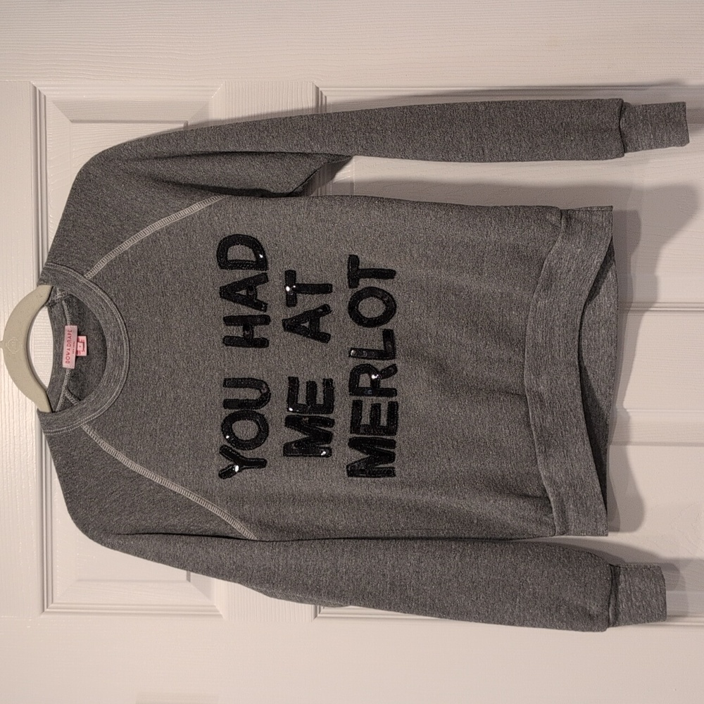 Bow & Drape Gray Sequin Crewneck Sweater You Had Me At Merlot Size Small